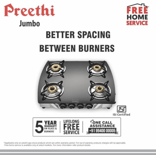 Preethi Blu Flame Jumbo Glass top 4 Burner Gas Stove, Manual Ignition, Black - Image 4